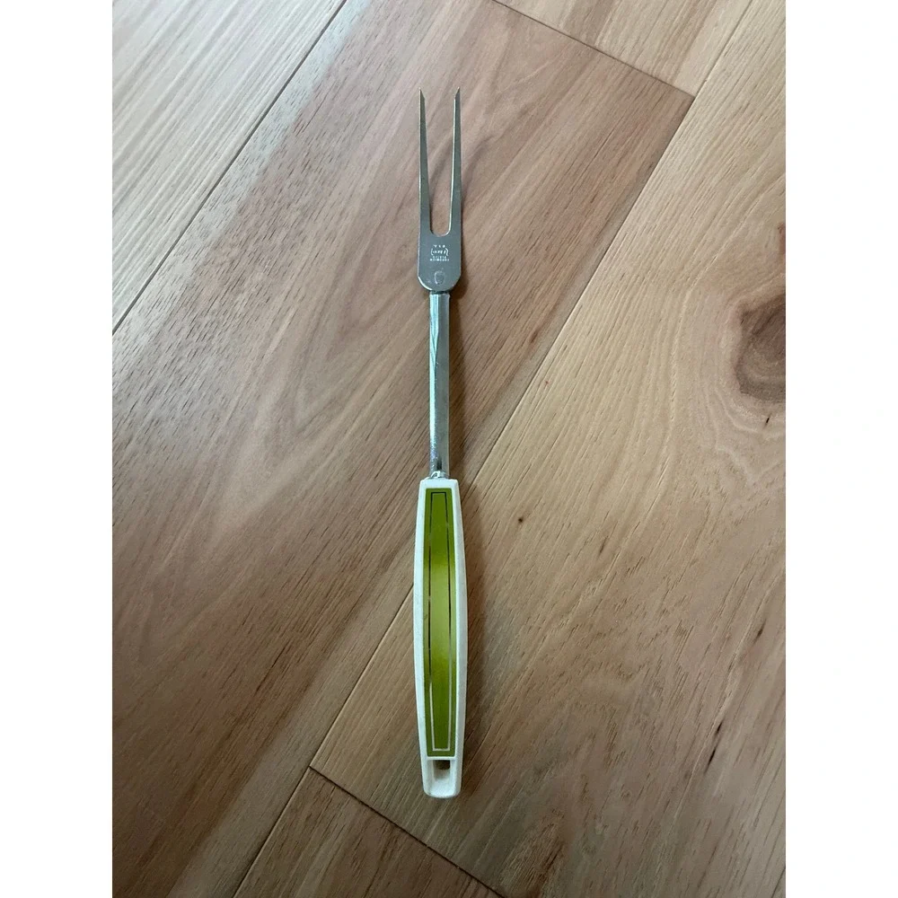 EKCO Carving Fork  12.5in Avocado Green White Vintage 60s 70s MCM made in USA